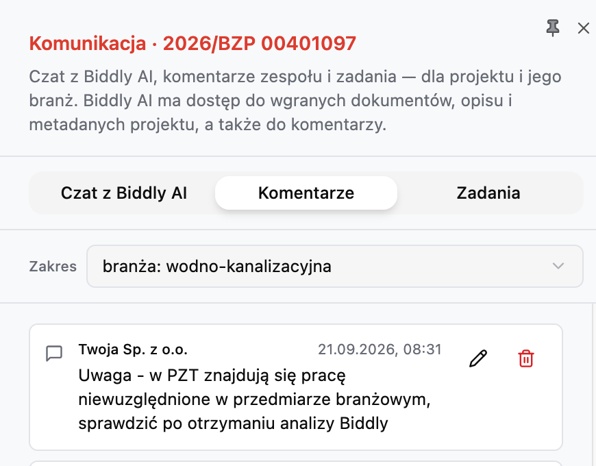 Panel komunikacji w aplikacji Biddly — komentarze zespołu dla branży wodno-kanalizacyjnej.