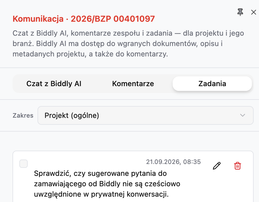 Panel komunikacji w aplikacji Biddly — lista zadań zespołu dla projektu.